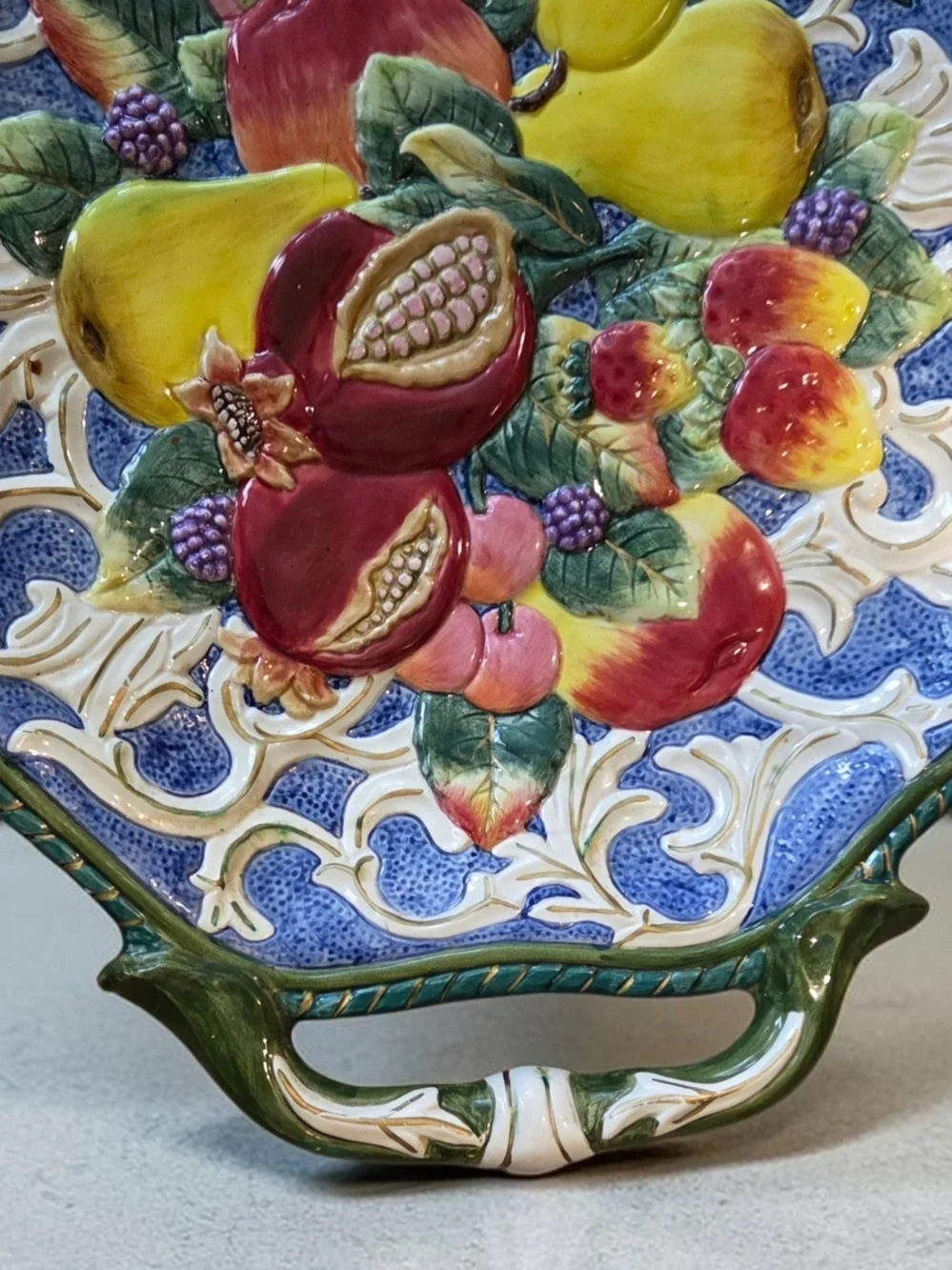 Hand-Painted Ceramic Fruit Platter in Blue, Yellow & Red